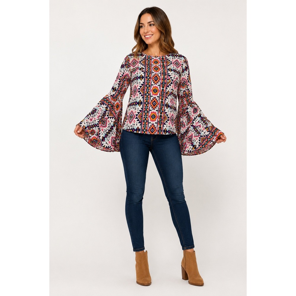 L&B Lucky & Blessed Bell Sleeve Top Southwestern Boho Western Geometric Large